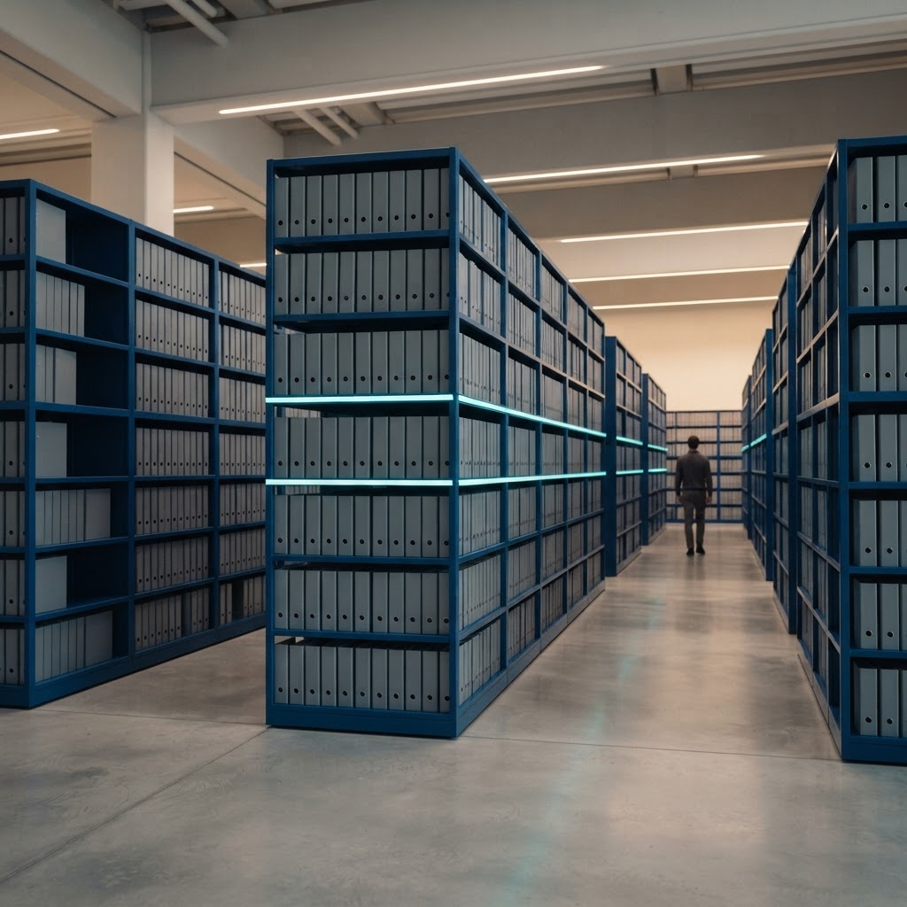 Minimalist library shelves with organized industrial binders