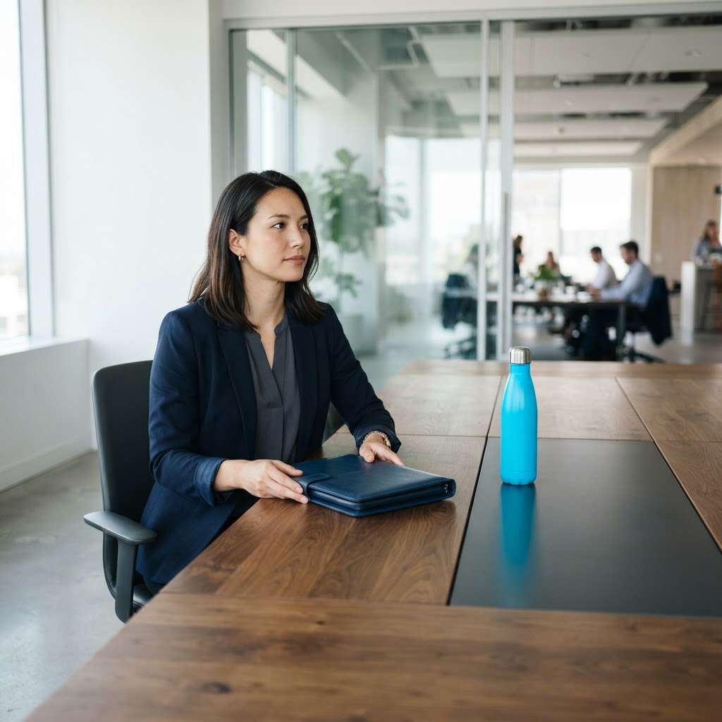 Professional with a dark blue portfolio in a modern office