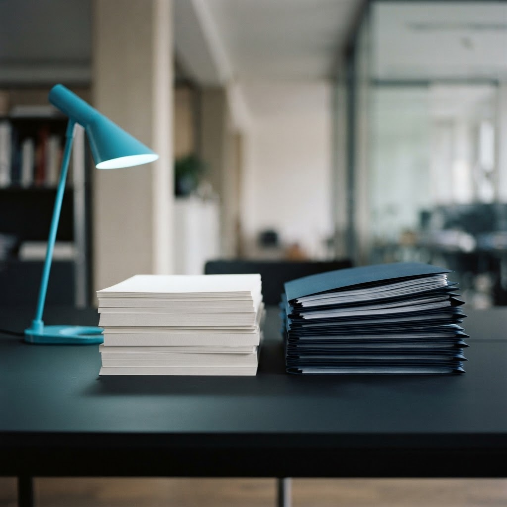 Two neatly organized document stacks on a modern office desk