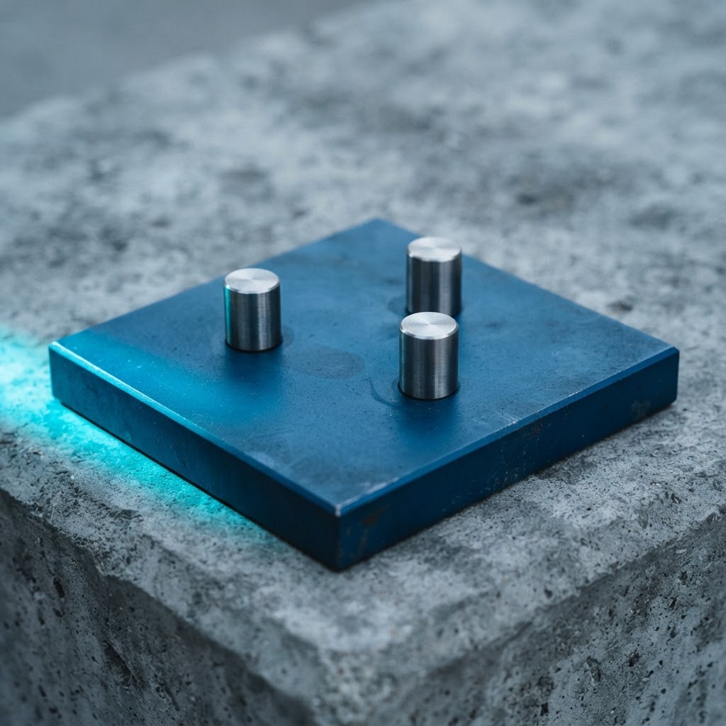 Metal bolts arranged on a blue metal plate