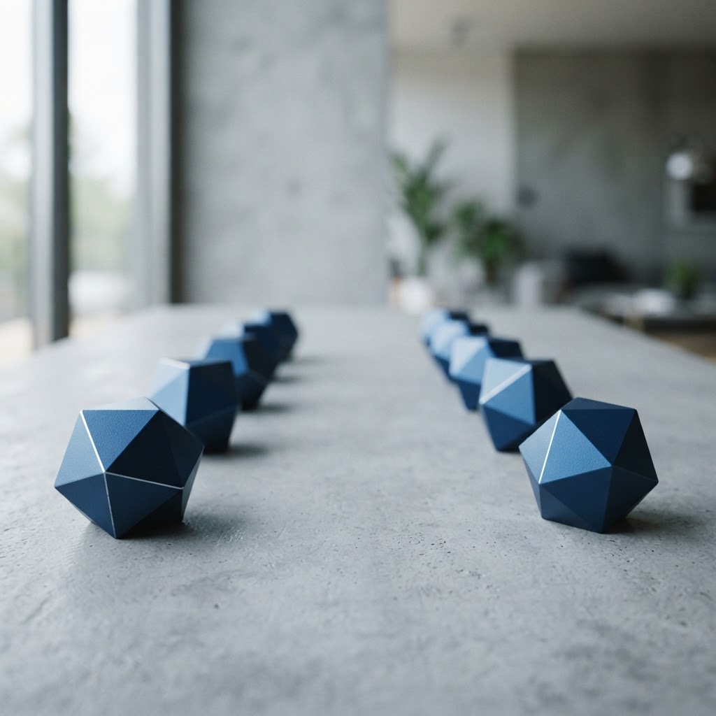 Two lines of blue metal prisms converging on a desk
