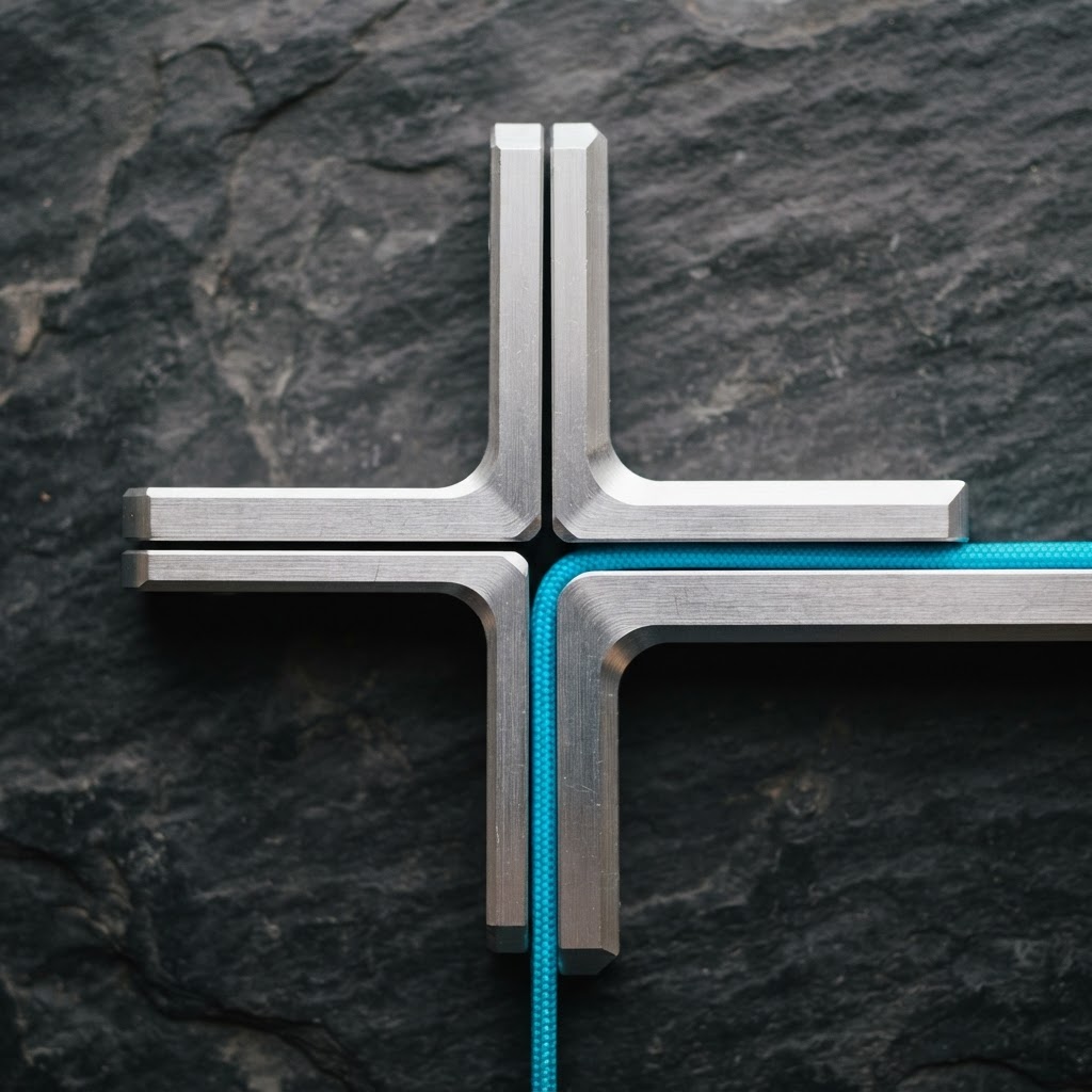 Two metal brackets aligned with a cyan cord