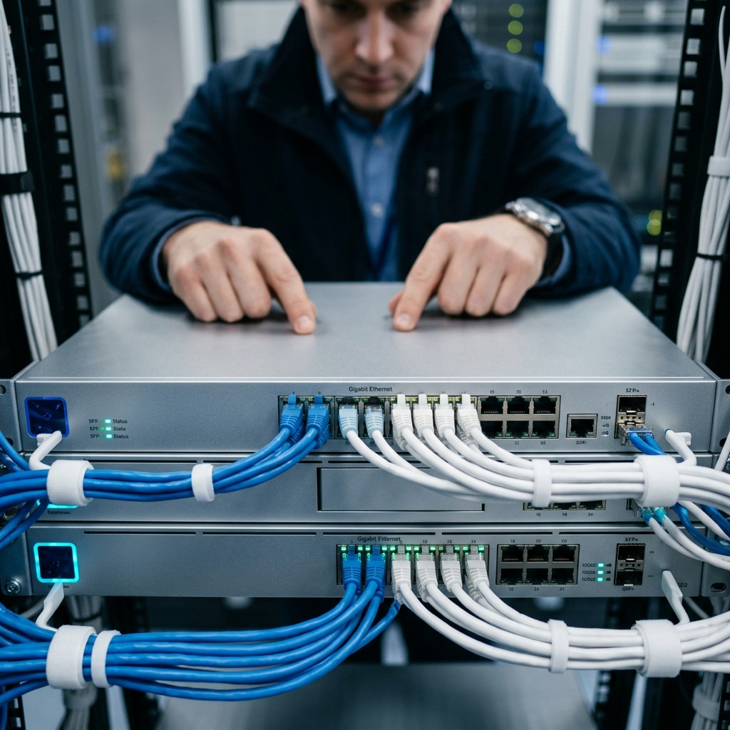 Security engineer inspecting network hardware infrastructure