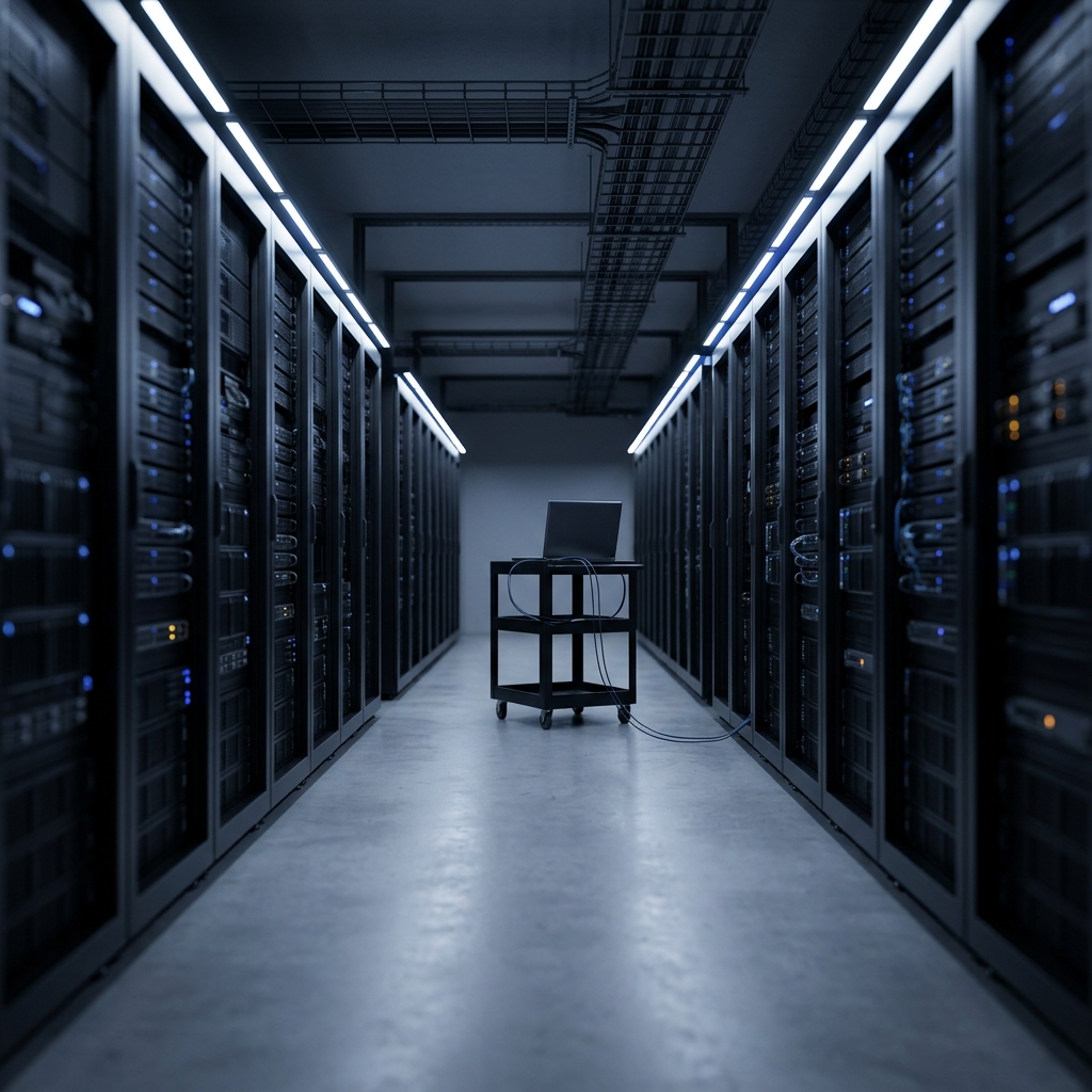 Server corridor with laptop amid data infrastructure