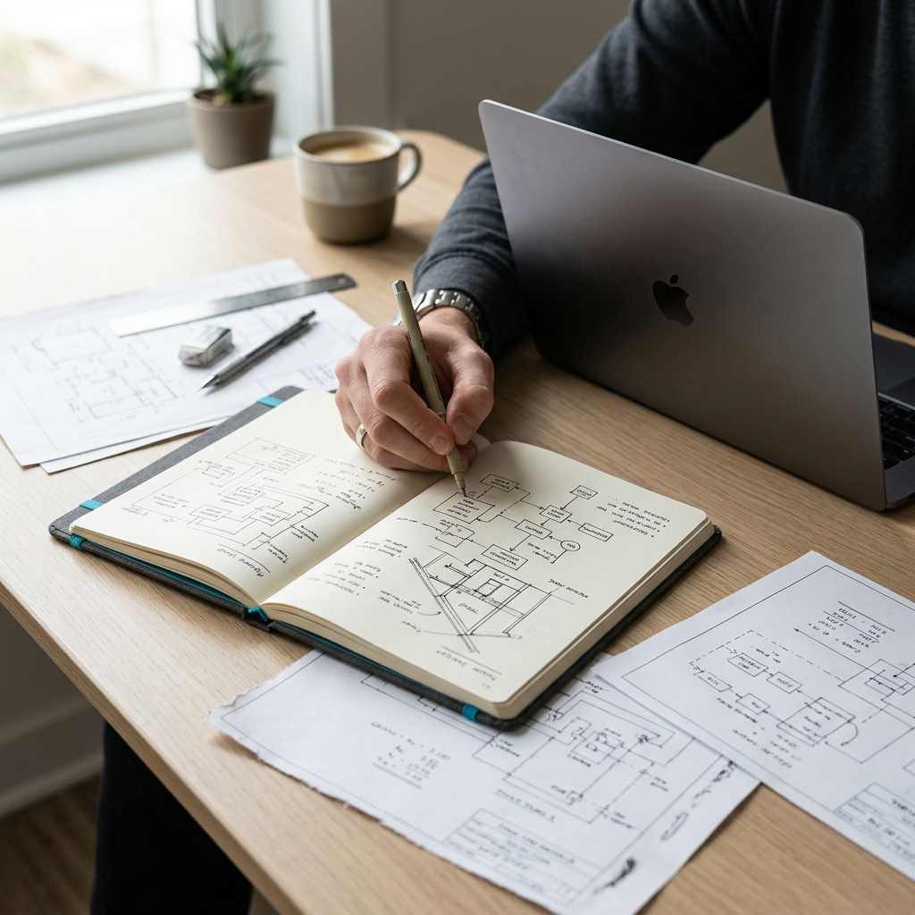 Engineer reviewing technical architecture documentation at workspace