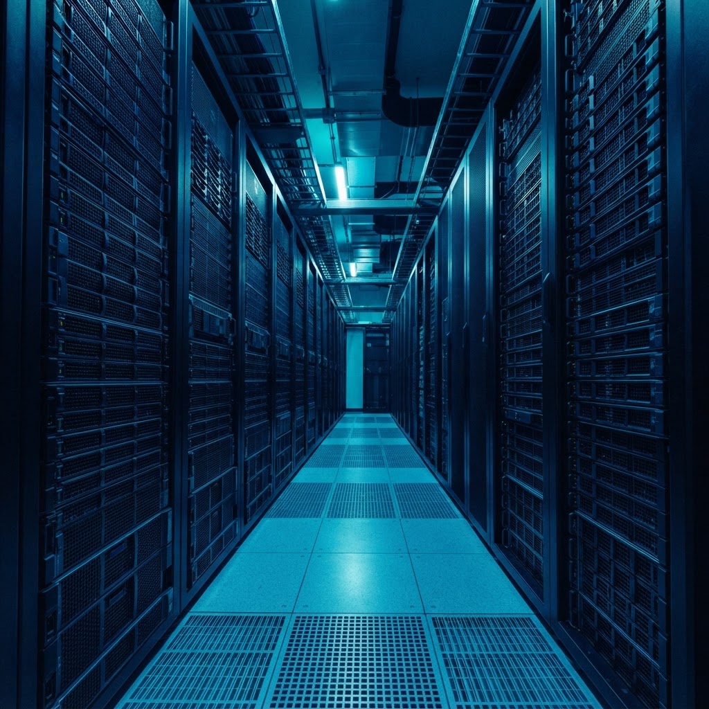 Rows of professional server hardware racks