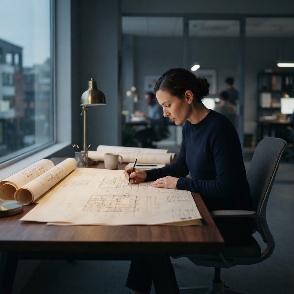 An engineer reviewing complex blueprints in a modern office