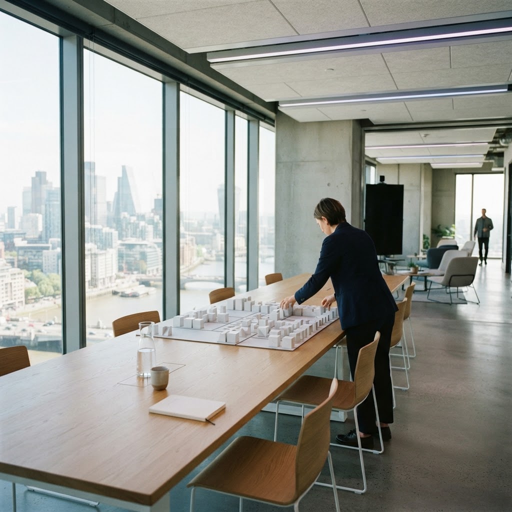 Person organizing modular blocks on a large table