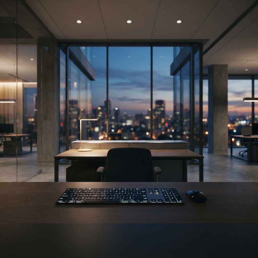 Clean minimalist engineering workspace at twilight