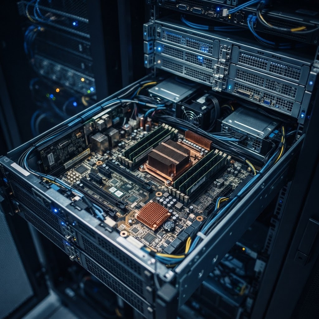 Sophisticated metallic components within a professional server rack environment