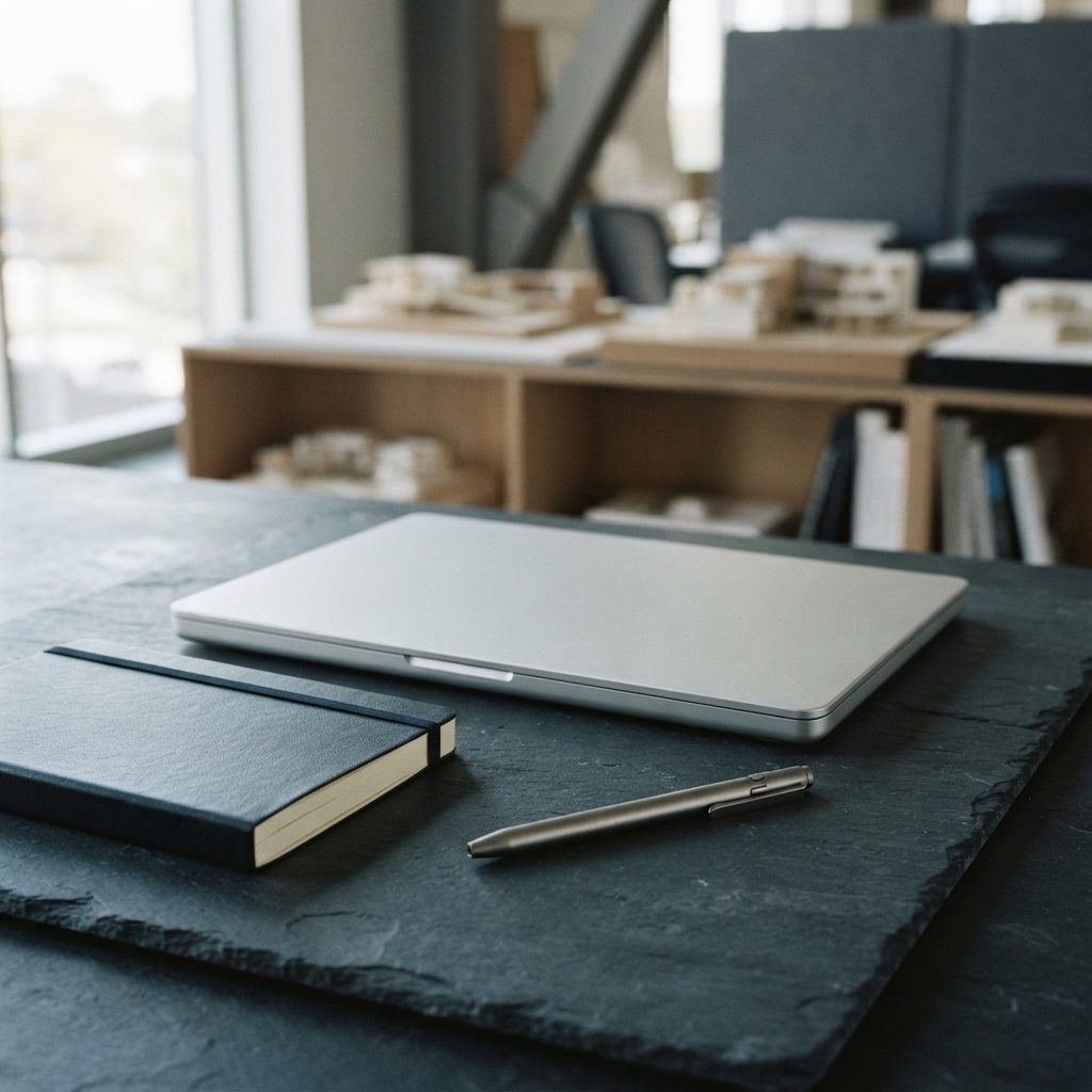 Minimalist workstation with closed laptop and notebook