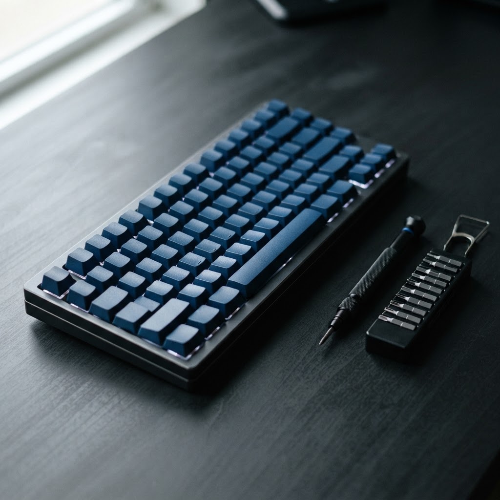 Close up of high quality mechanical keyboard and precision tools