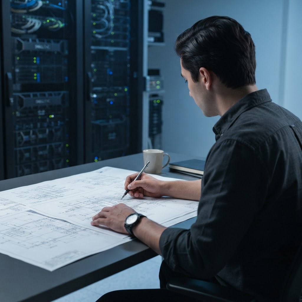 Engineer reviewing technical blueprints in a modern office