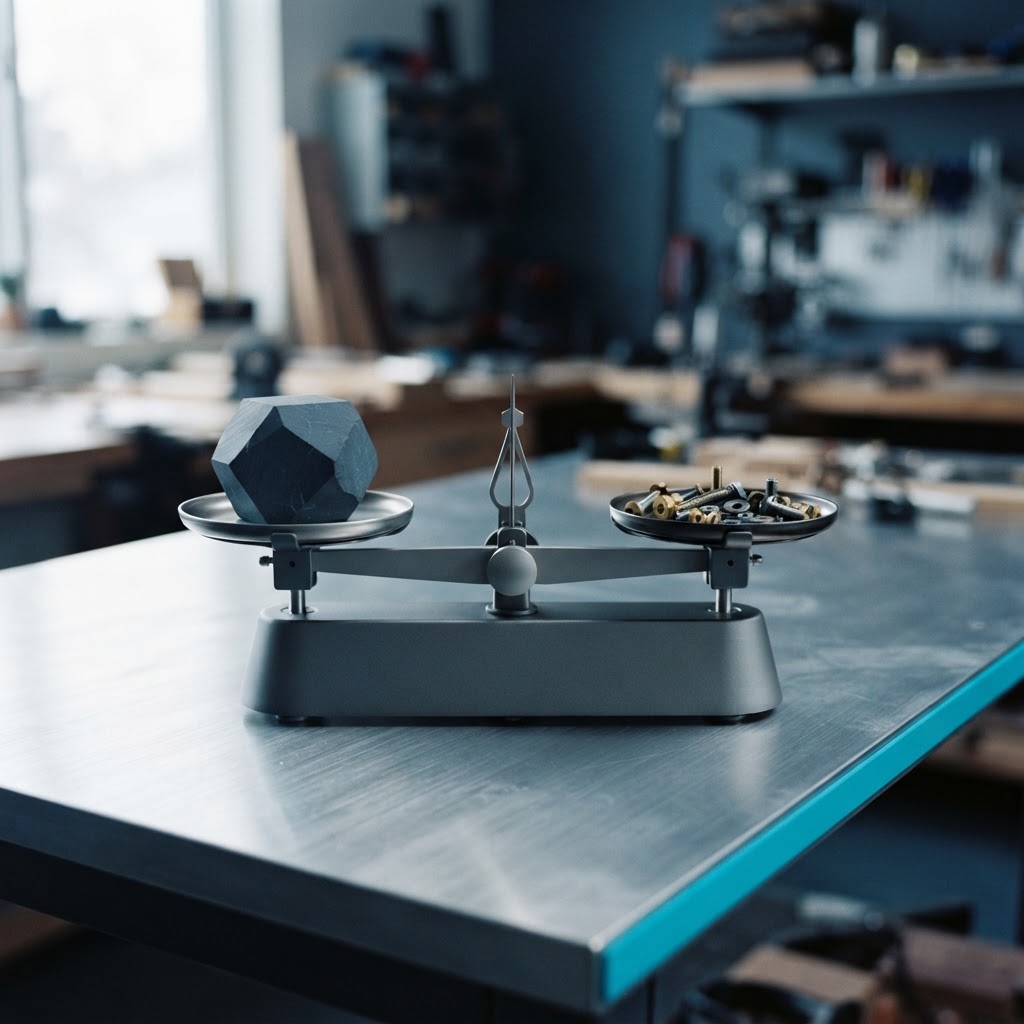 A precision balance scale weighing geometric objects on a desk
