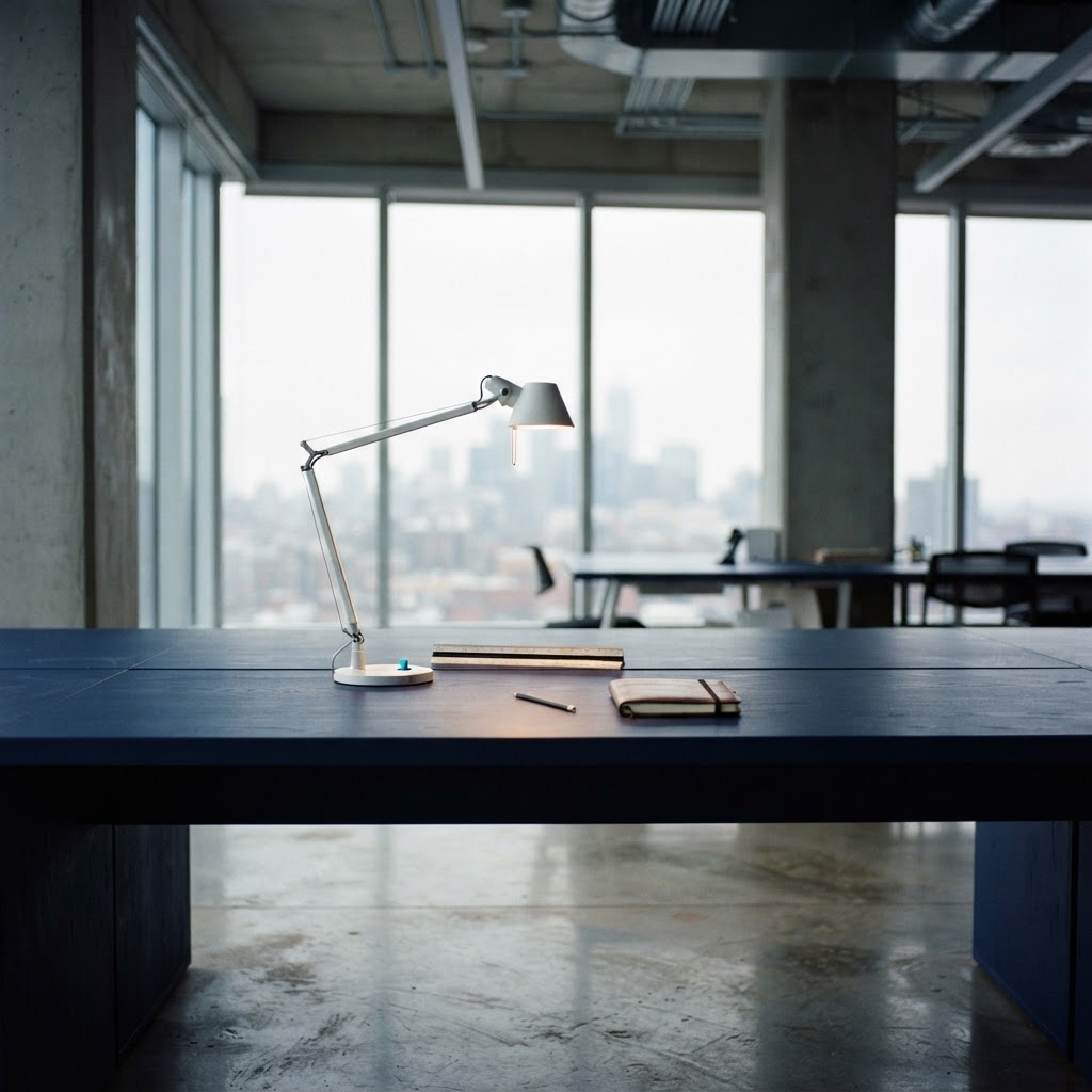 An empty, minimalist architectural office workspace