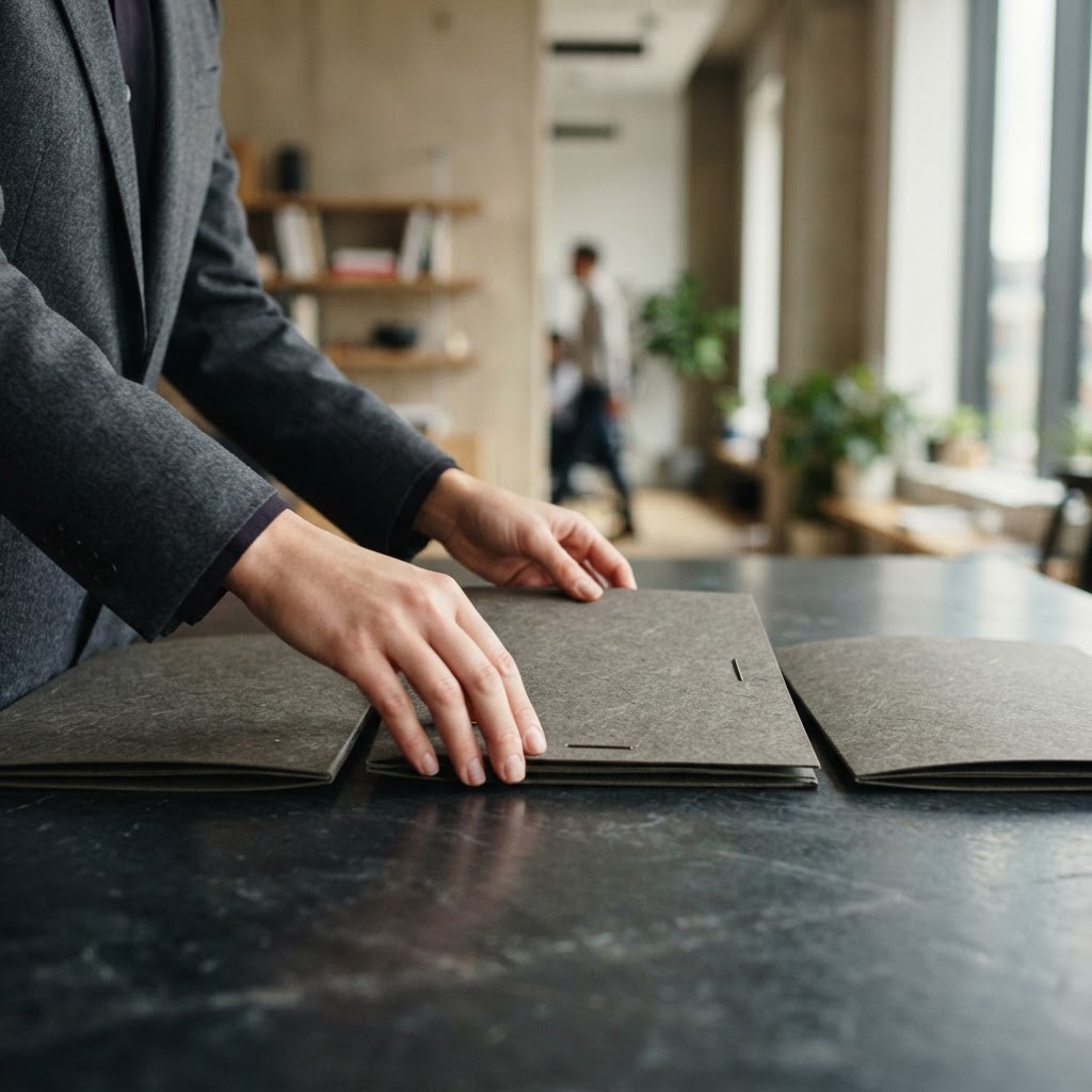 Hands organizing physical folders on a modern desk