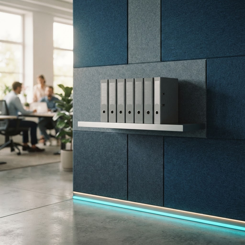 Minimalist office wall with modular shelving and binders
