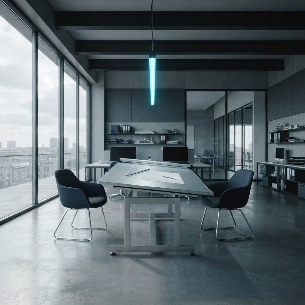 Minimalist engineering studio with a large desk