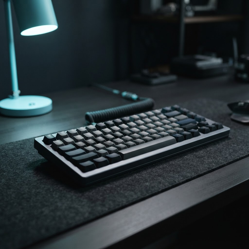 High end mechanical keyboard on a minimalist desk