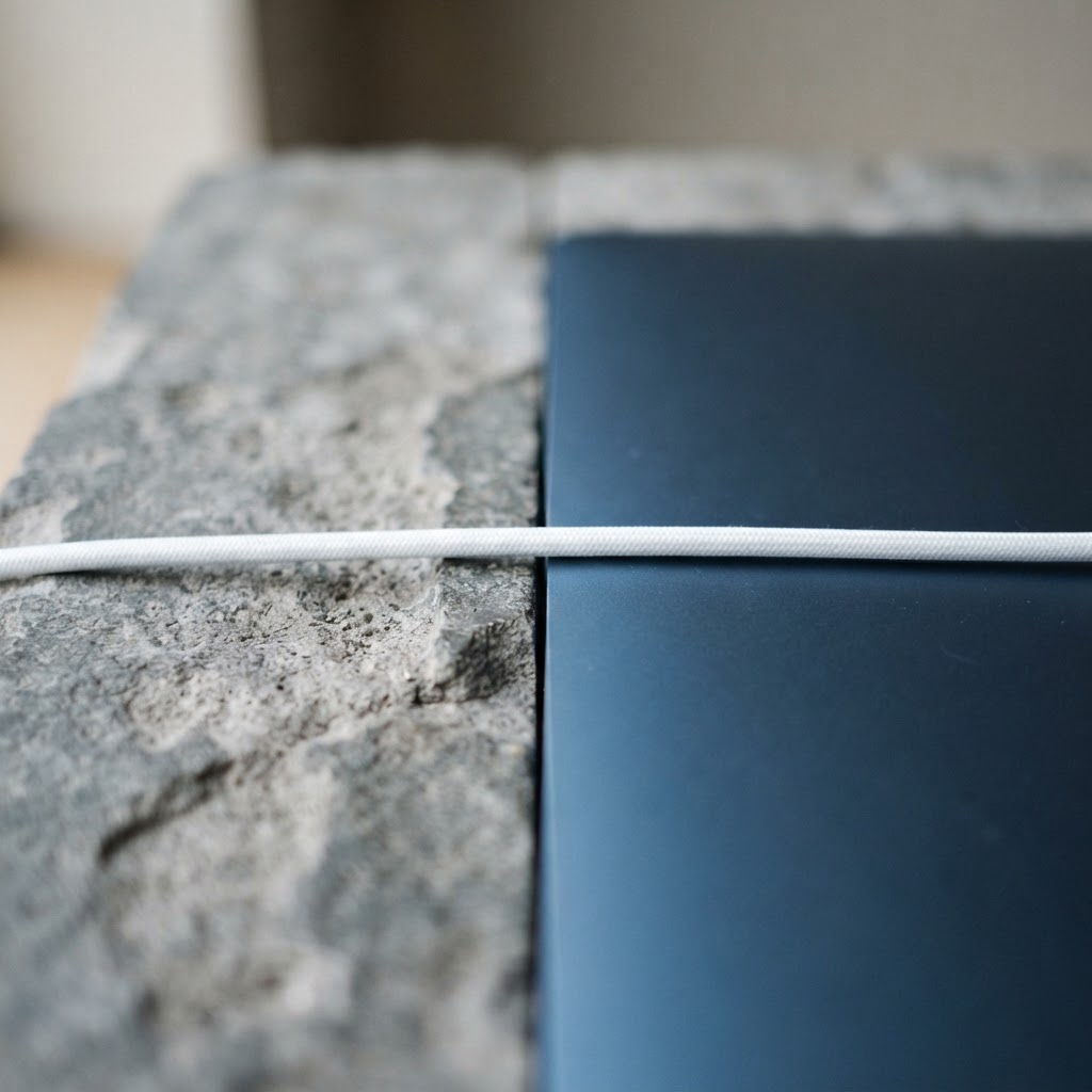 Divided workspace with textured gray and deep blue metal surfaces