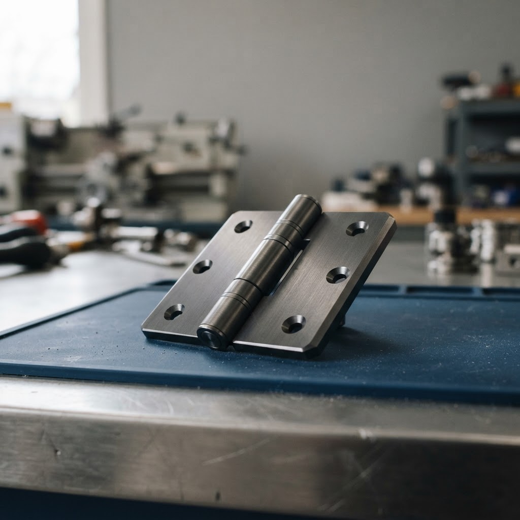 Mechanical precision hinge on a blue surface mat