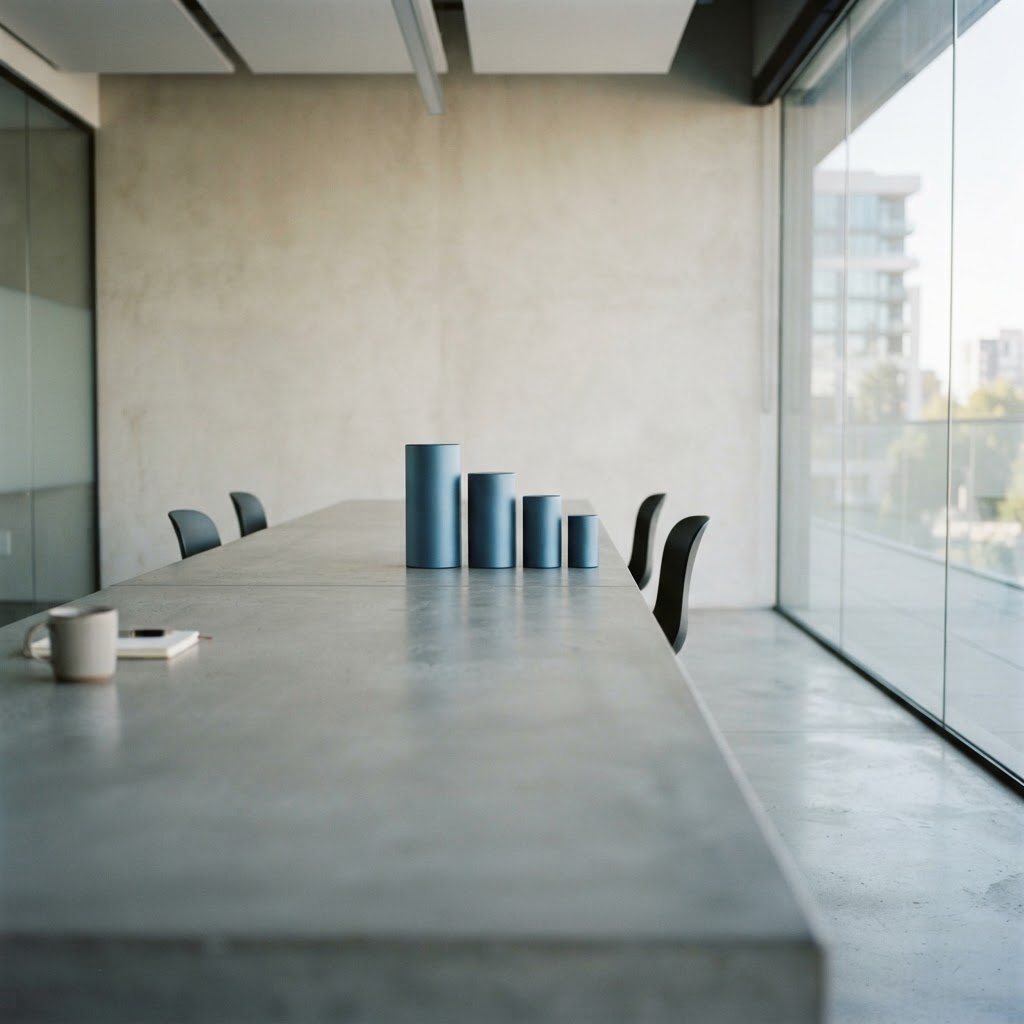 Orderly line of metal cylinders on a minimalist concrete table