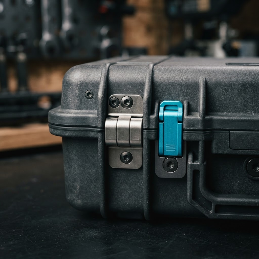 Close up of a secure industrial equipment case latch