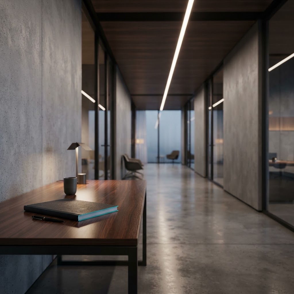Minimalist modern office corridor with a single desk