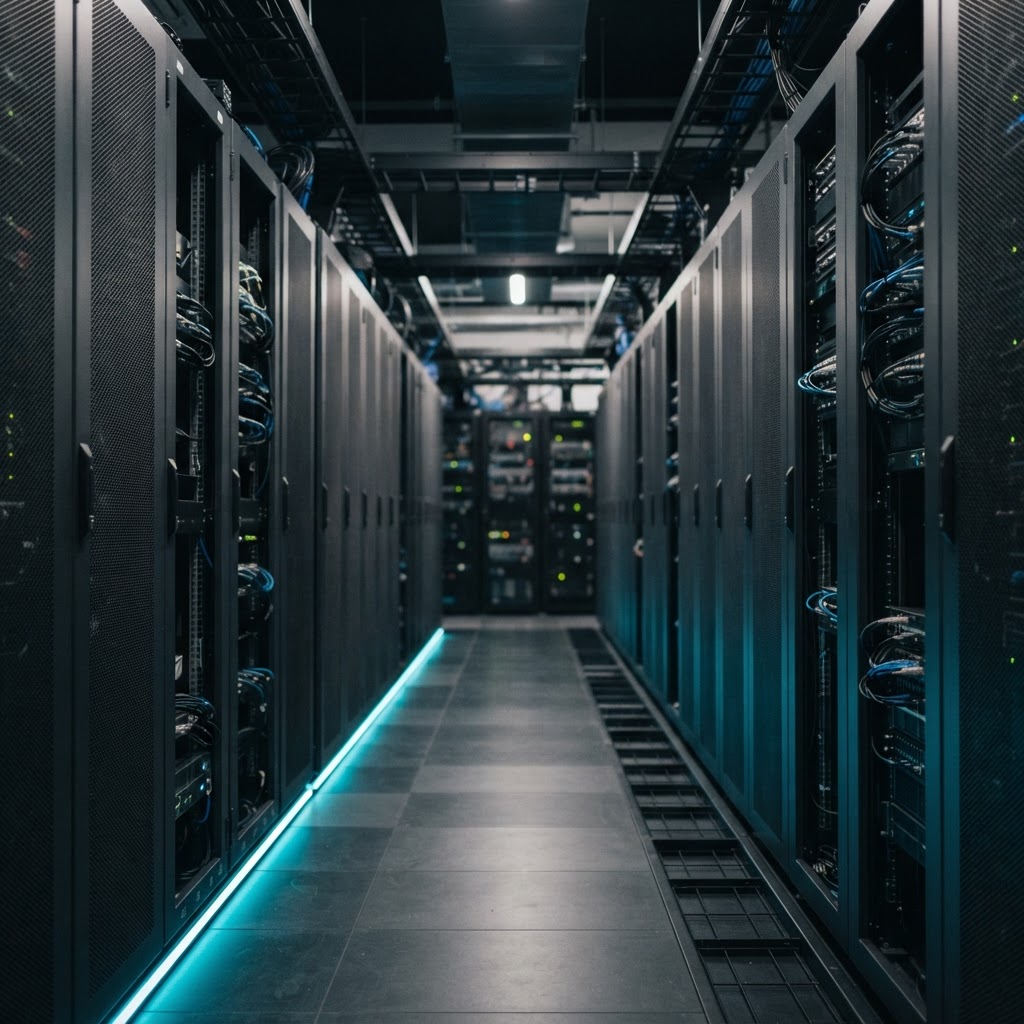 Modern secure server room aisle with electric cyan accent