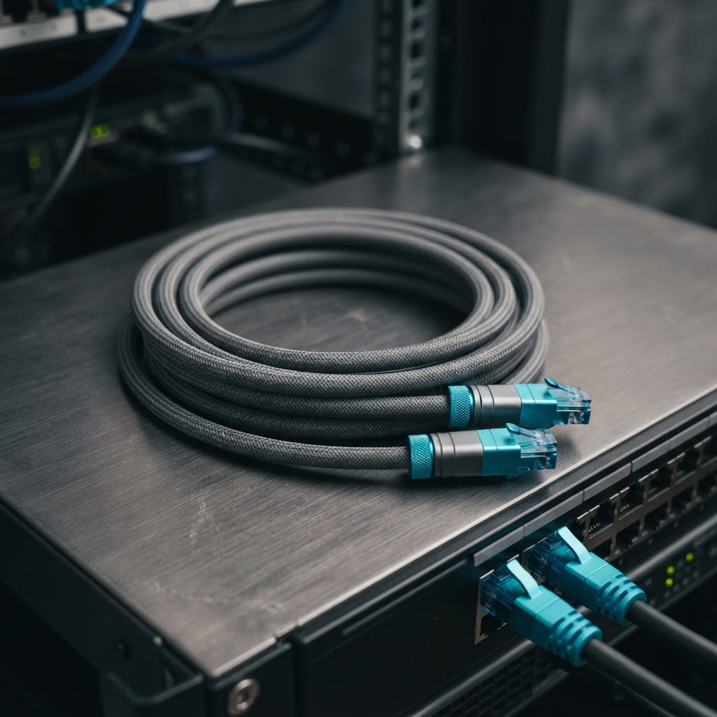 Professional networking cables on a dark surface