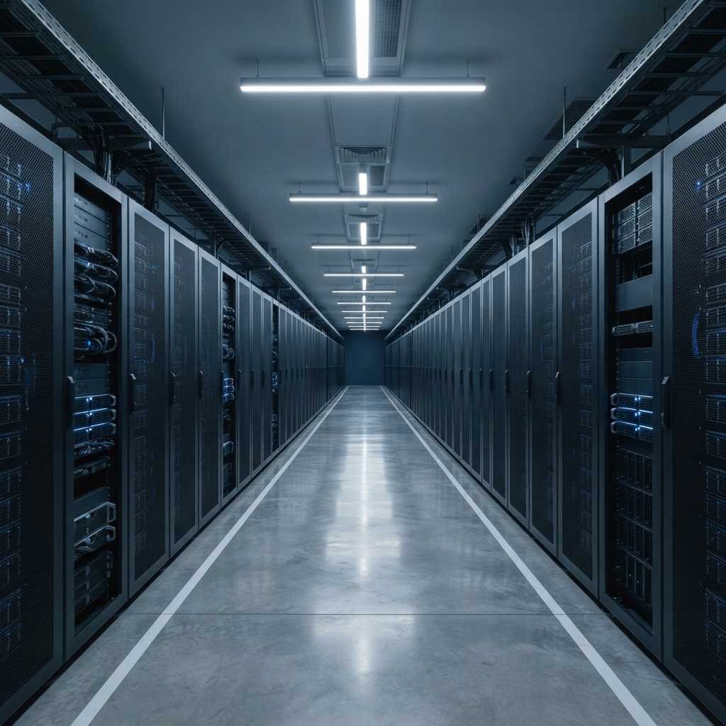 Rows of sleek industrial server cabinets in a data center