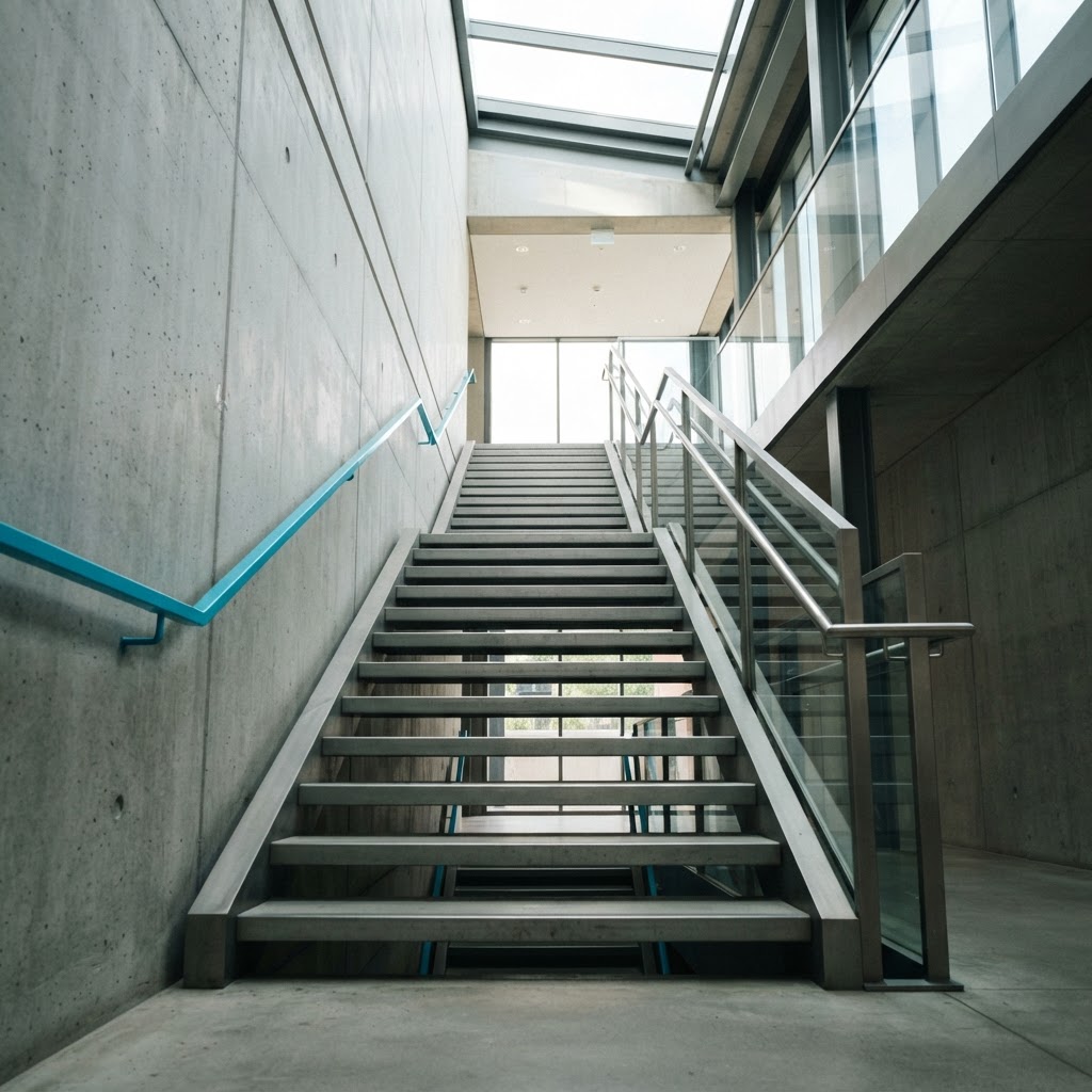 Modern industrial architecture with clean lines and steel stairs