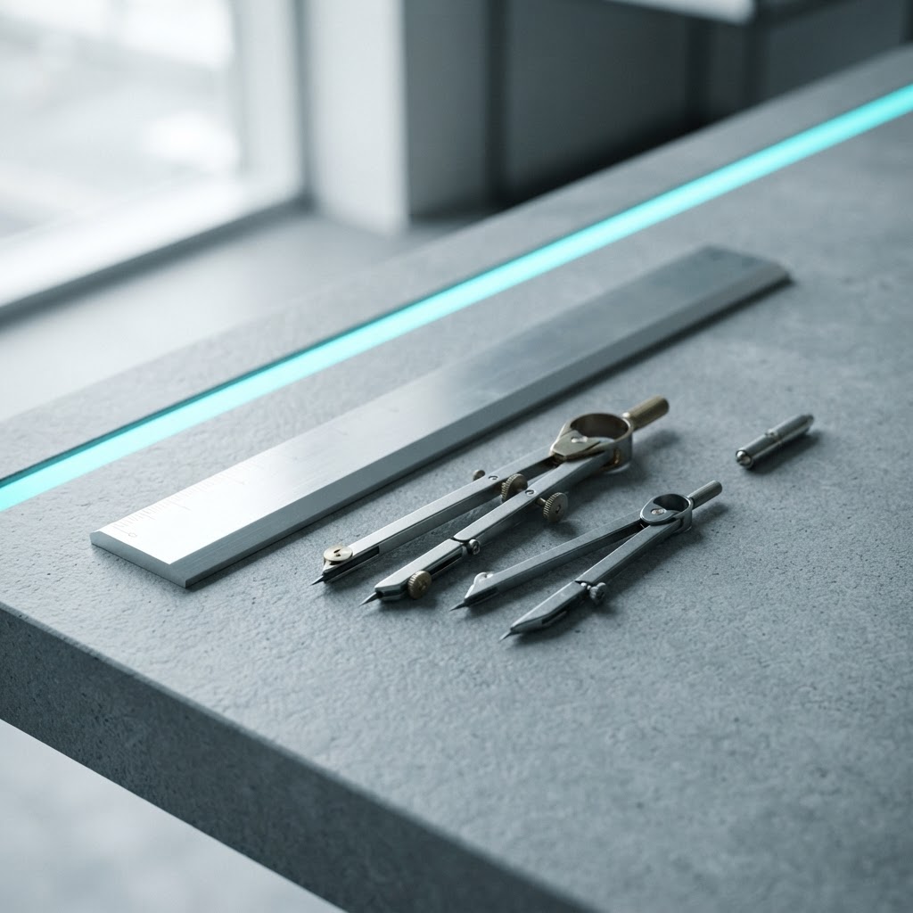 Precision metal drafting tools on a stone table