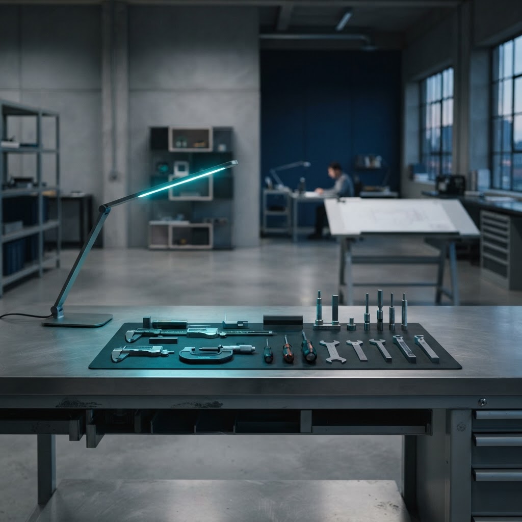 Professional engineering studio workbench with precision tools