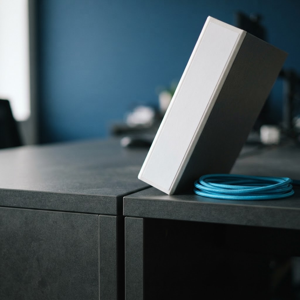 Close up of a document binder and cable on a desk