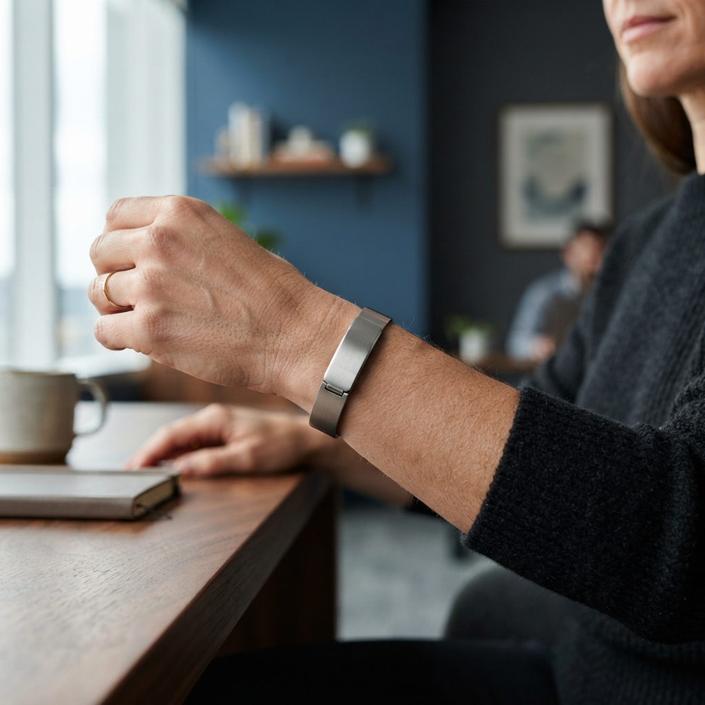 A wearable fitness tracker on a wrist