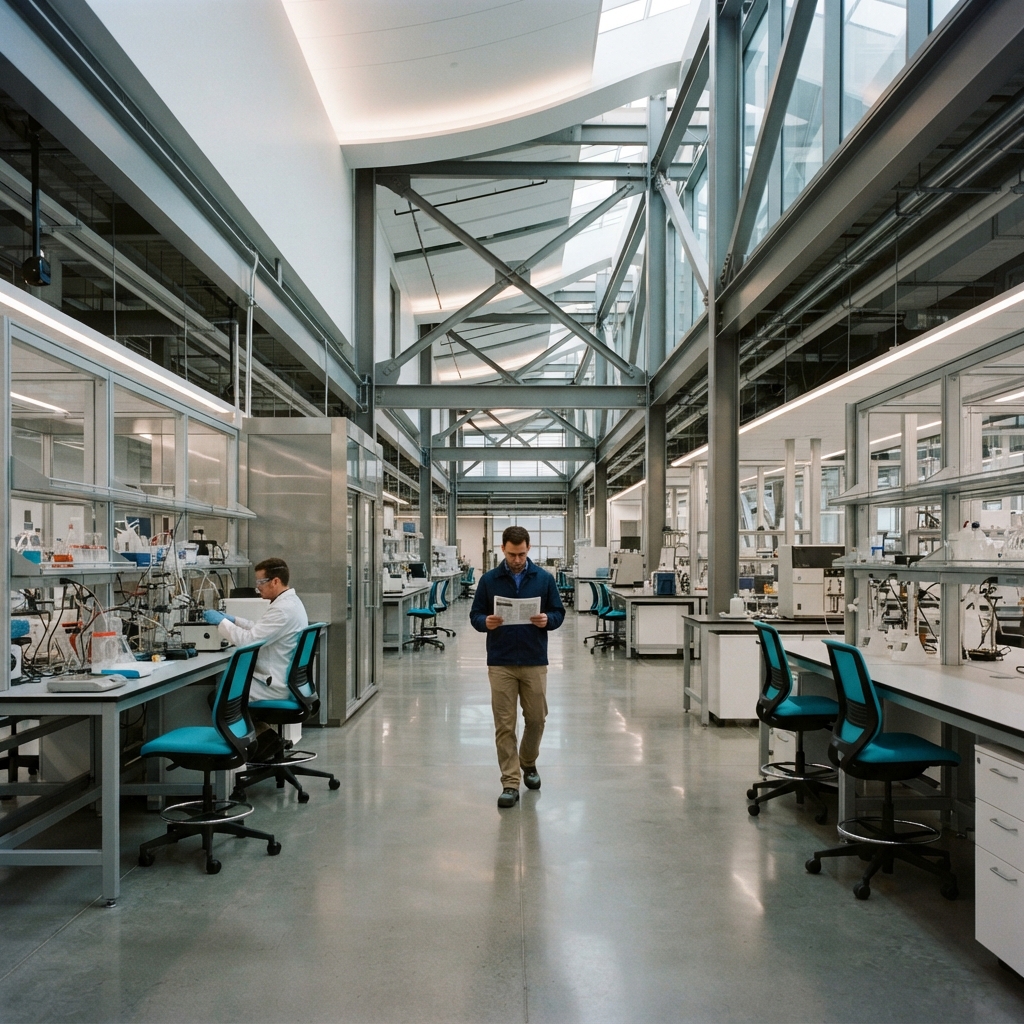 A single person walking through a modern, minimalist engineering workspace