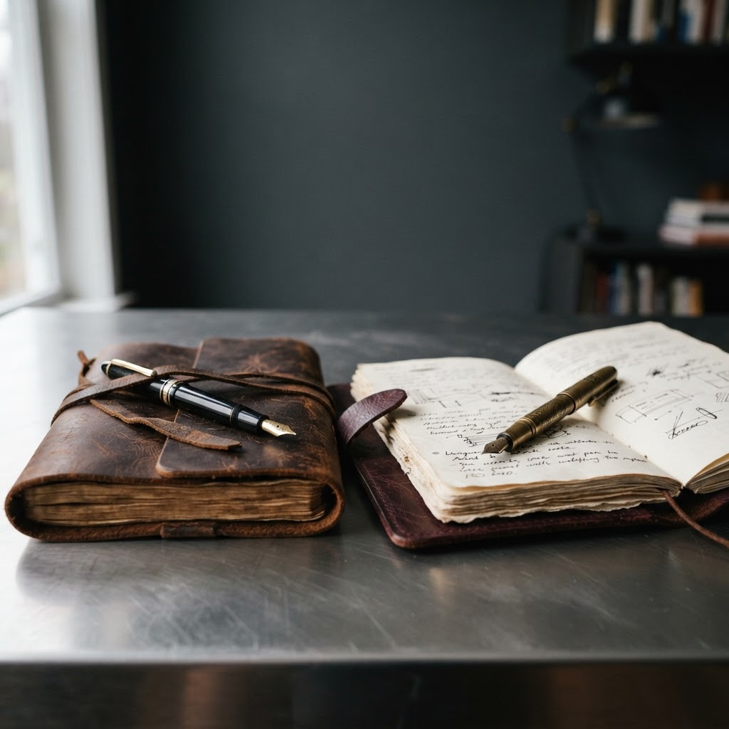 Close up of journals and pens on an office desk