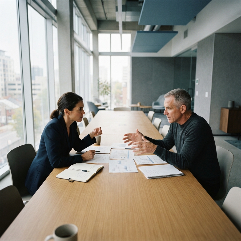Two professionals in deep focused discussion in a modern office