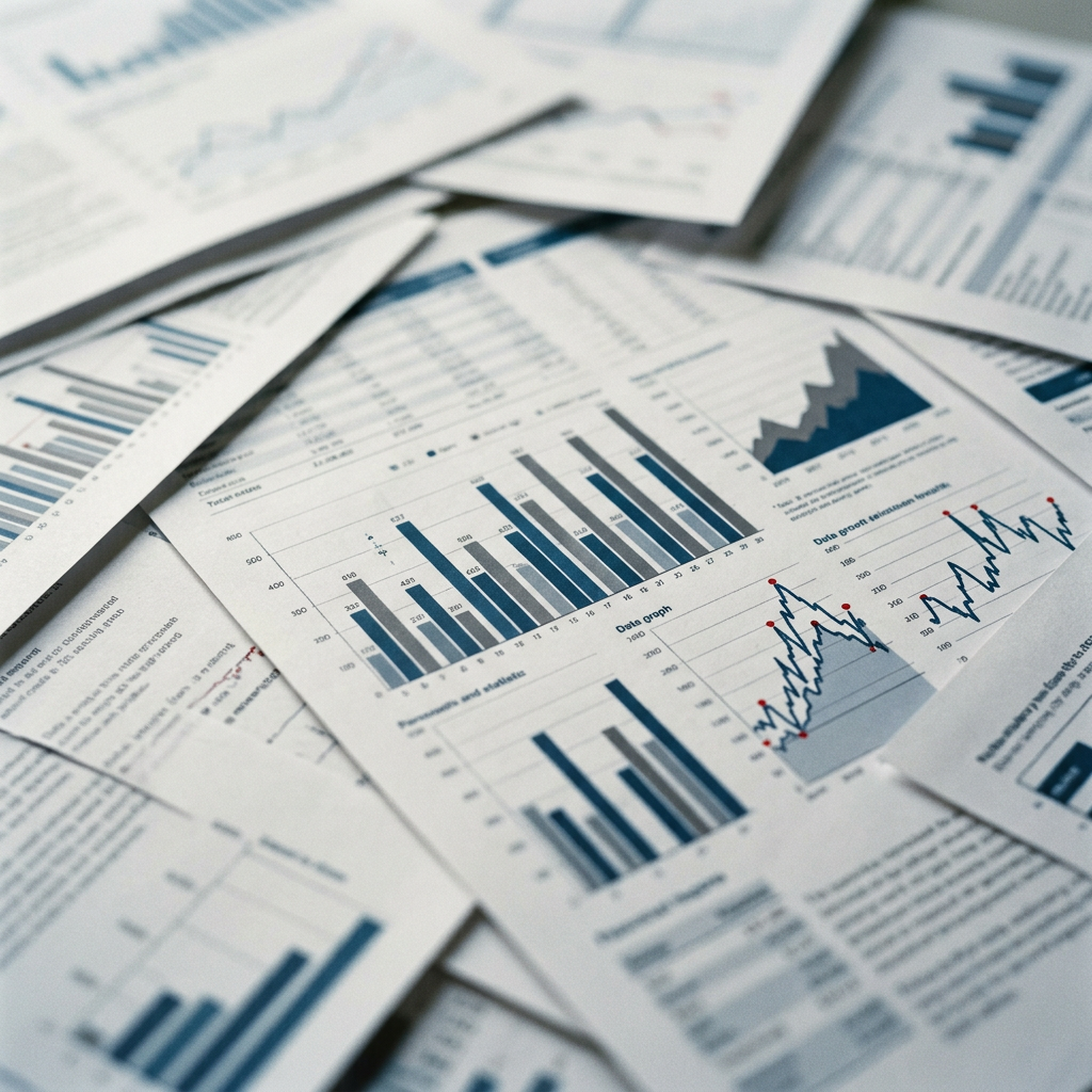 Detailed view of layered financial reports and data analysis