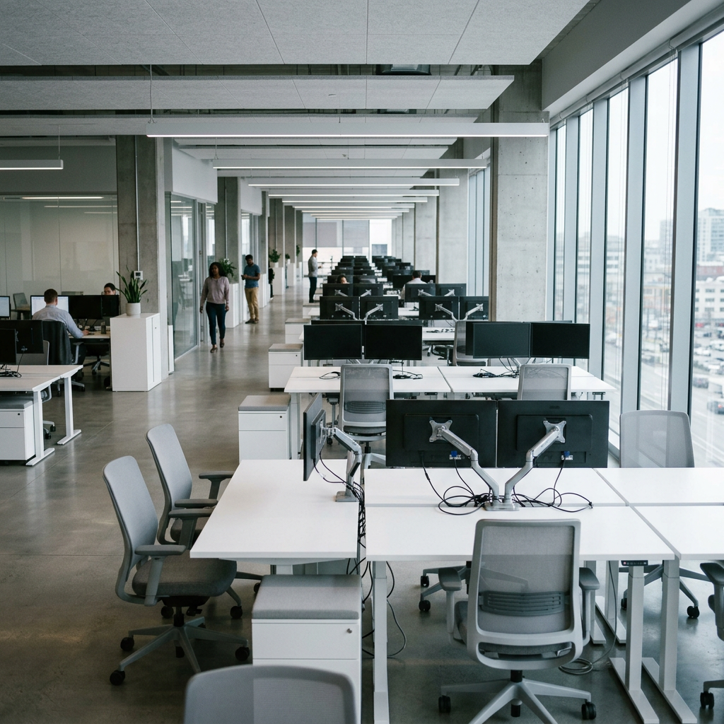 Sparse modern office floor with few occupied workstations