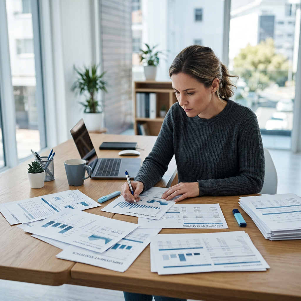 Engineer analyzing employment data at desk