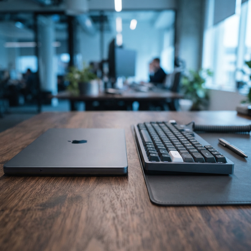 Closed professional laptop and mechanical keyboard on desk
