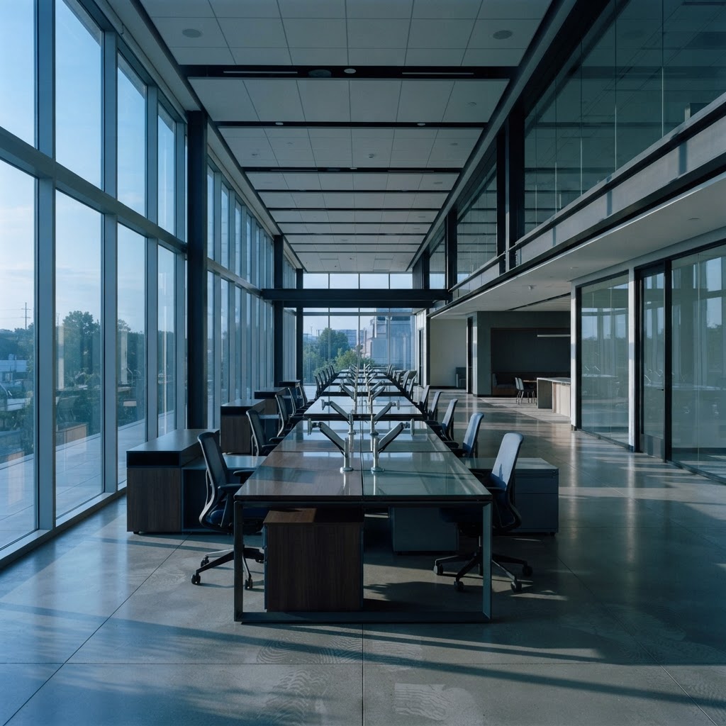 Empty modern office space with clean professional workstations