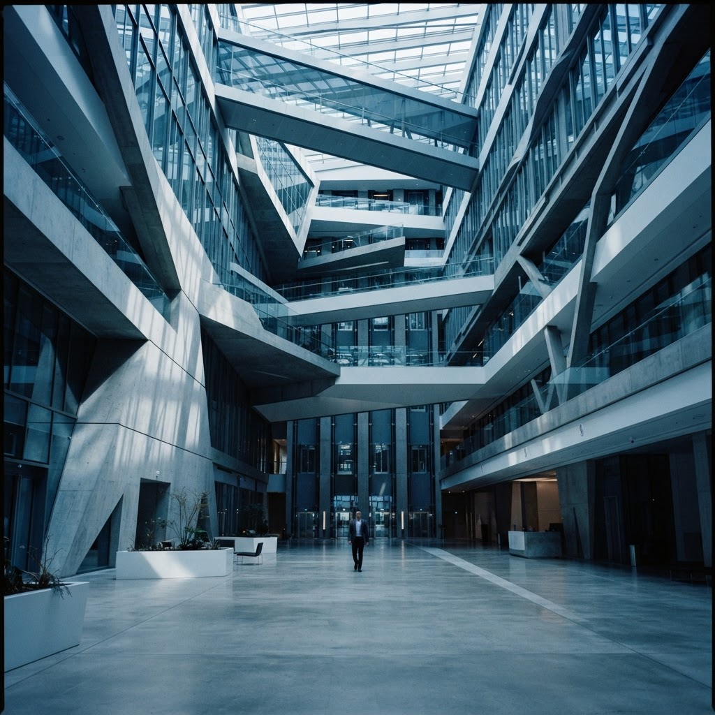 Solitary figure walking through a large modern building lobby