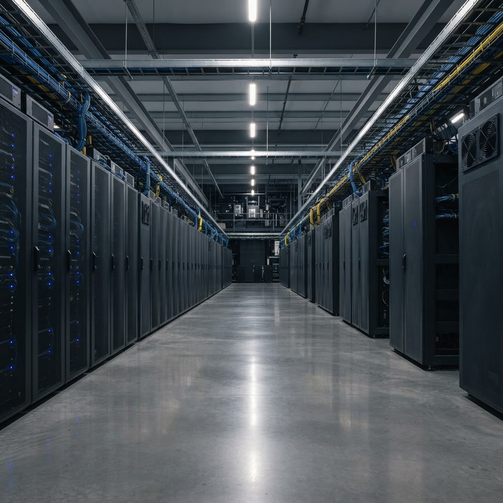 Professional data center rows with metallic server cabinets