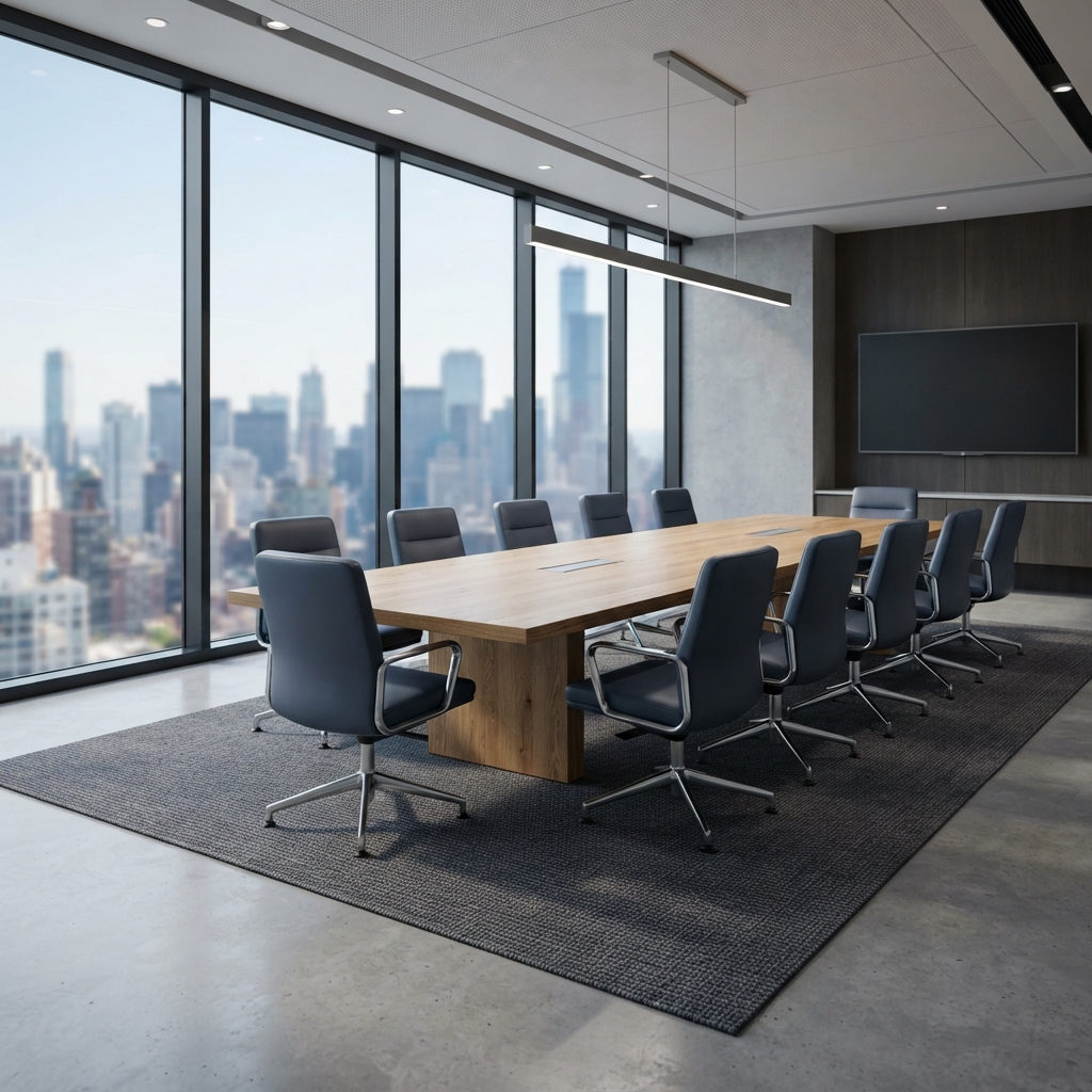 Minimalist modern boardroom interior with natural light