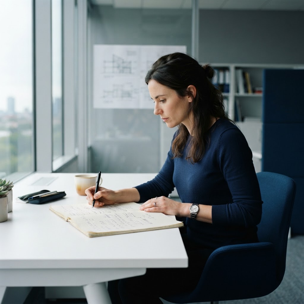 Professional engineer taking handwritten notes at a clean desk