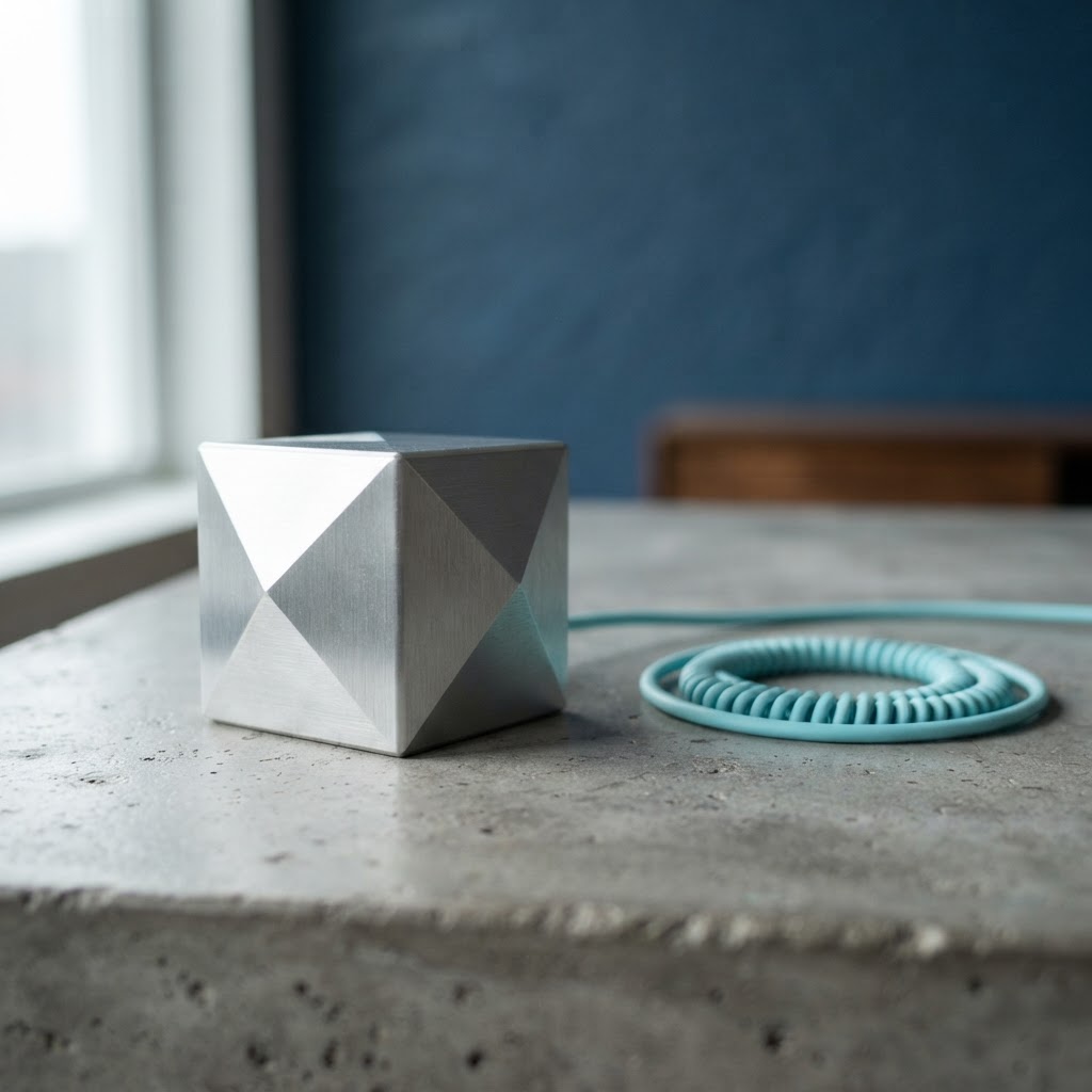 Brushed aluminum faceted cube with a blue cable