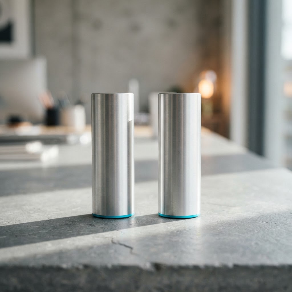 Two brushed aluminum cylinders on a stone desk